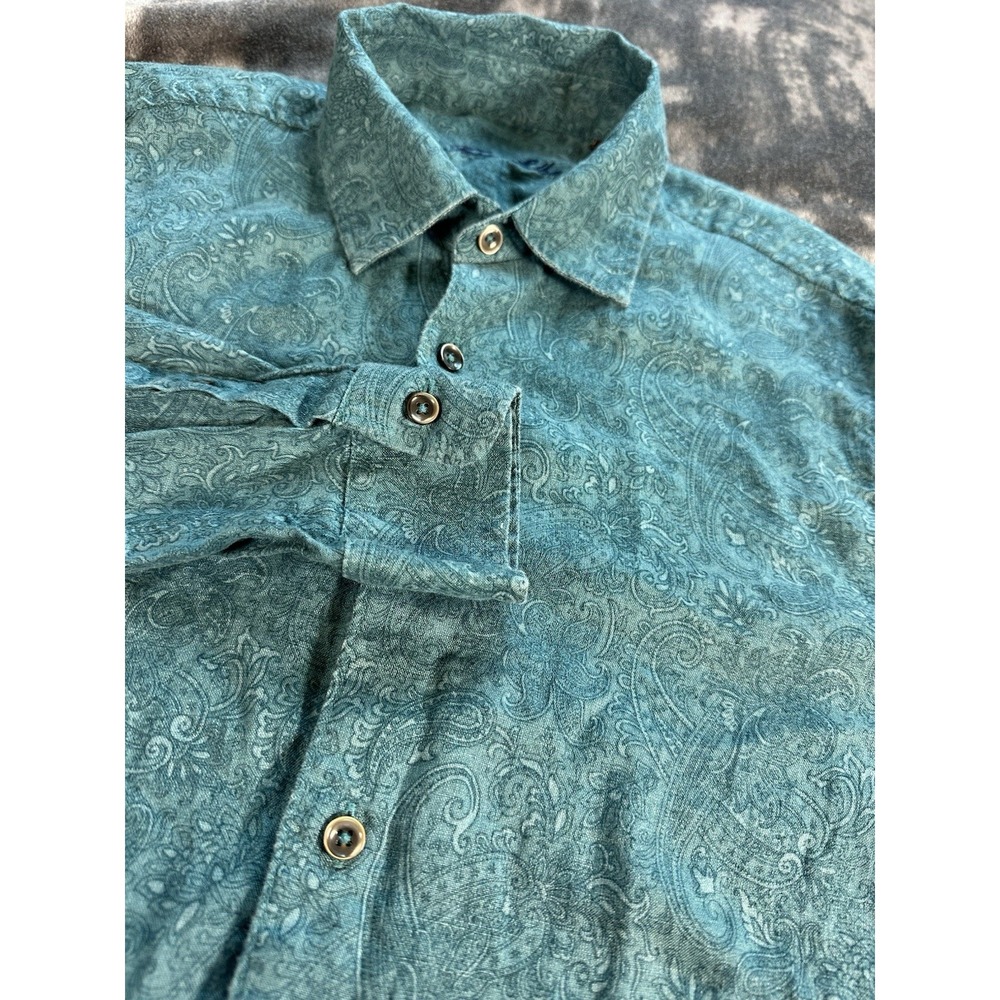 Tasso Elba Linen Shirt Mens Medium Blue All Over Print Long Sleeve Button